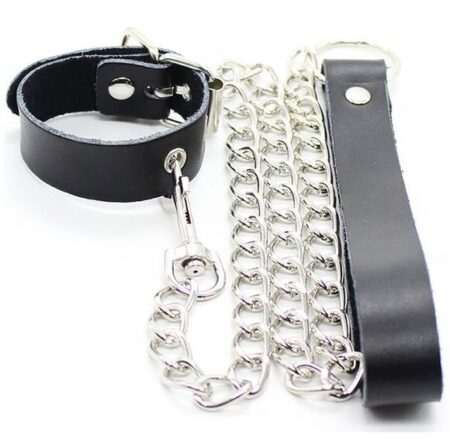 OHMAMA FETISH - COLAR PARA PÉNIS E ALÇA DE COURO COM CORRENTE DE METAL